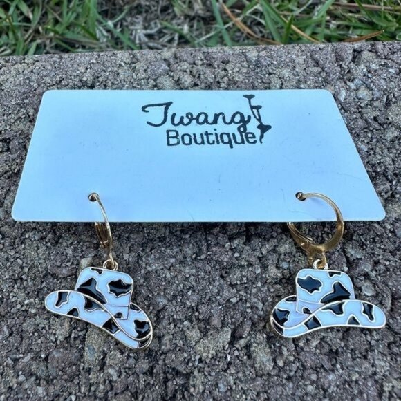 Cow Print Cowboy Hat Earrings - Picture 2 of 4